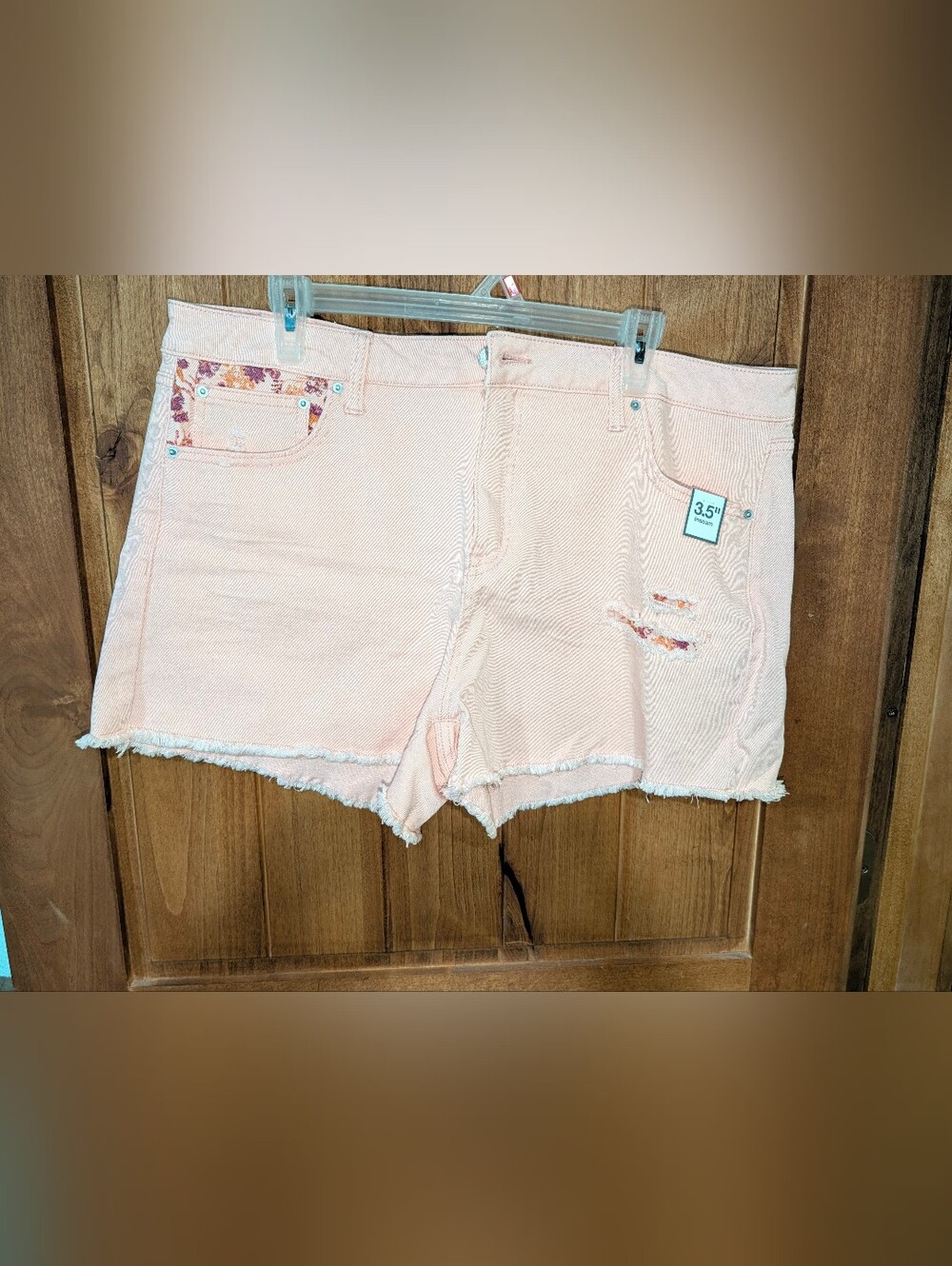 Time and Tru Pastel Pink Frayed Denim Shorts with Floral Pocket Detail